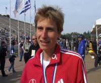 a still from the film: the director interviews Sonja Oberem after the Athens marathon