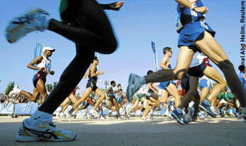 shot from the starting line of the men's 2004 Olympic marathon race